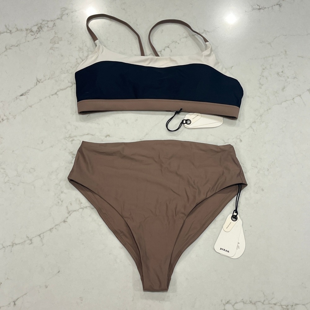 Prana Bikini‎ Set Baja Bound High Rise Lahari Womens M Black Brown Surf Gorpcore